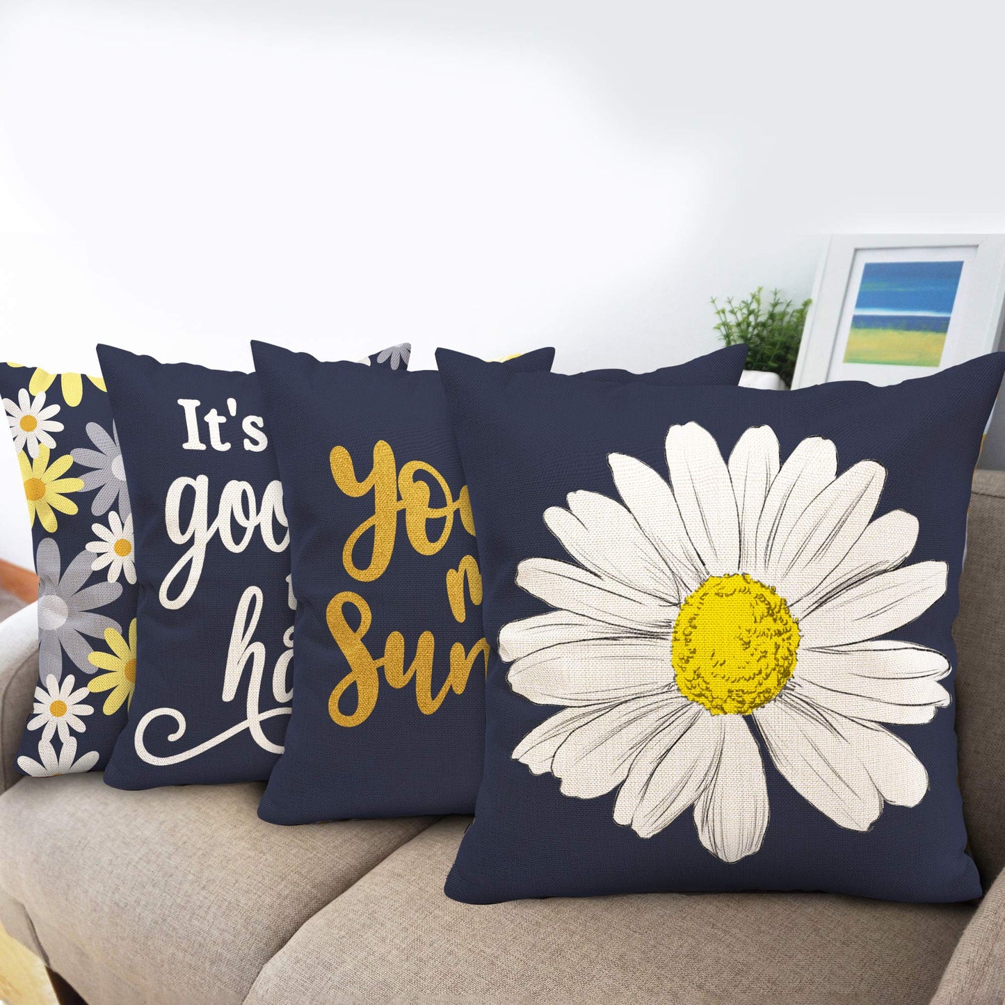 Hexagram Outdoor Pillow Covers 18x18, Blue Daisy Sunflower Throw Pillow Cover Set of 4 for Couch Living Room Sofa You are My Sunshine Dark Blue Home Decor
