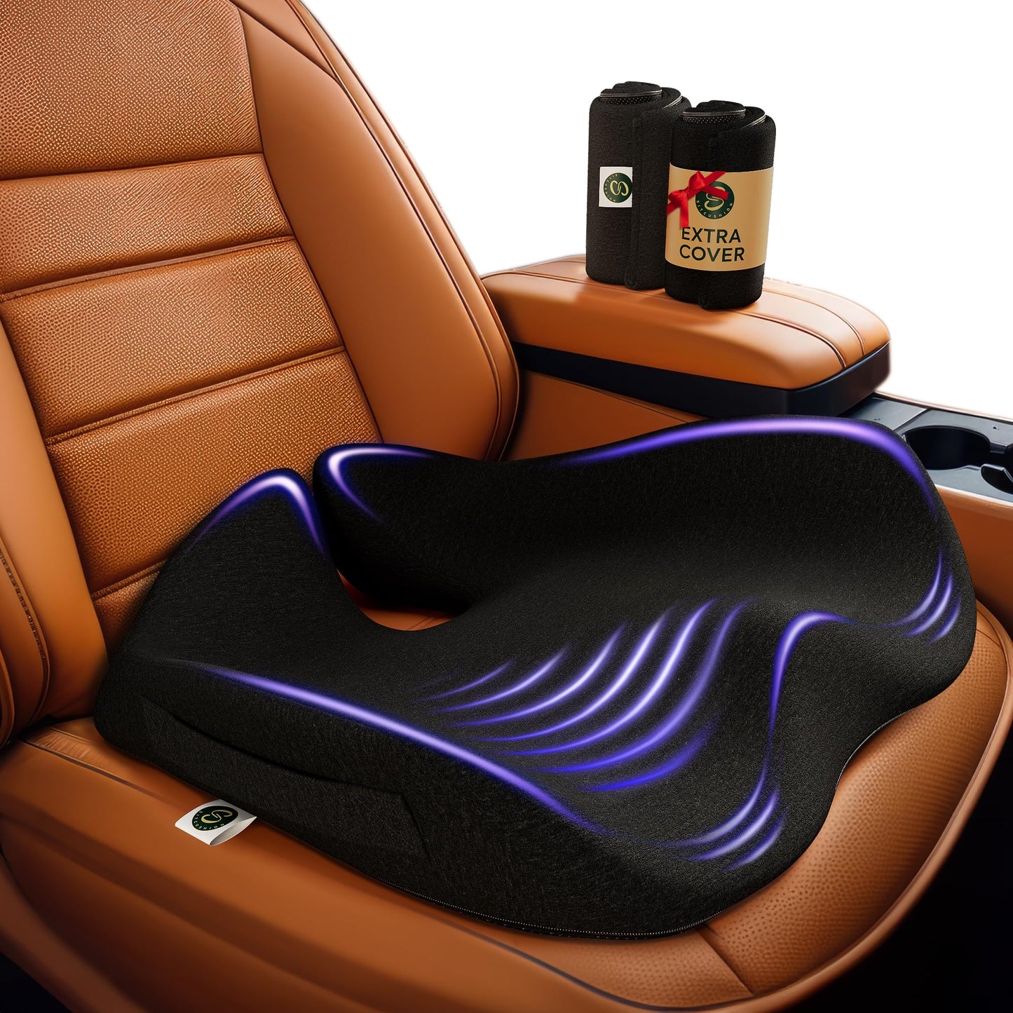 SitCushion Memory Foam Car Seat Cushion for Back Pain Relief Car Cushions for Driving, Tailbone Pain. Non-Slip Pressure Relief Seat Pad for Truck Driver Essentials with Extra Cover (Black)