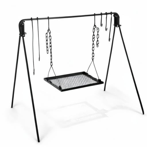 Bruntmor Grill Swing Campfire Cooking Stand BBQ Grill for Cookware & Dutch Oven Adjustable Collapsible Legs with Hooks & Accessories & Carrying Case Black