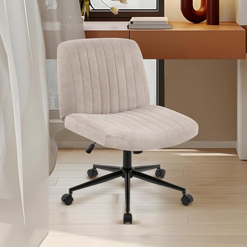 Hybition Criss Cross Chair with Wheels Comfy Cross Legged Armless Wide Vanity Makeup Chair Adjustable Rolling Computer for Office Home Small Space Bedroom Beige