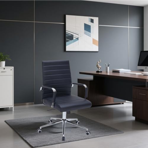 Modern Mid Back Office Desk Chair, PU Leather Ribbed Ergonomic Executive Conference Chair, Adjustable Swivel Task Chair with Arms, Black