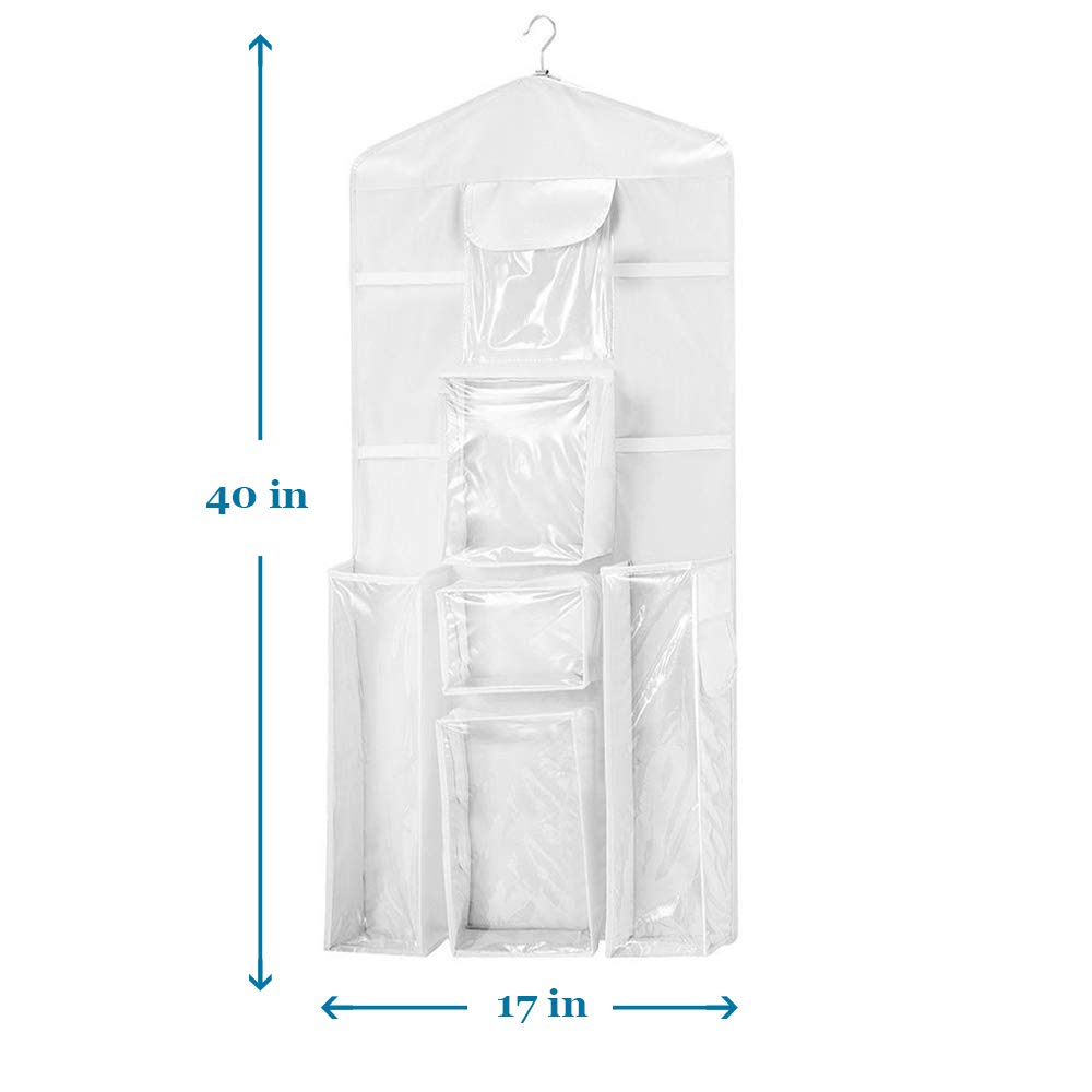 ProPik Hanging Double Sided Wrapping Paper Storage Organizer With Multiple Front And Back Pockets Organize Your Gift Wrap & Gift Bags Bows Ribbons 40”X17 Fits 40 Inch Rolls (White)