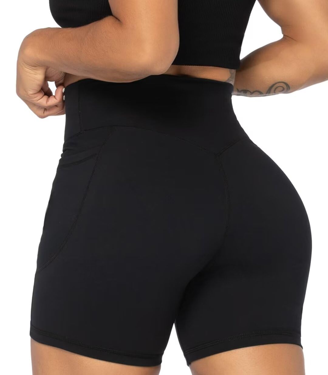 Sunzel Women's Biker Shorts in High Waist Tummy Control with Deep Pockets 5" Black+Black (2 Pack) X-Large