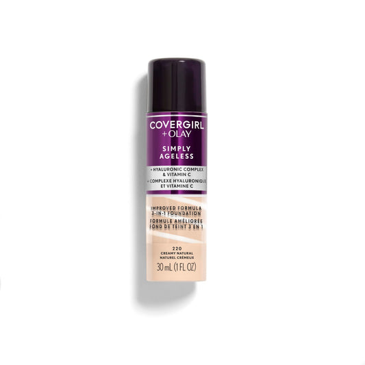 COVERGIRL & Olay Simply Ageless 3-in-1 Liquid Foundation, Matte Finish, Hyaluronic & Vitamin C Formula, 220 Creamy Natural, 1 Count