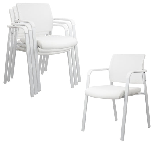 CLATINA Stacking Office Chairs | Mesh Back, Thicken Leather Seat and Arms, Ergonomic Lumber Support | Guest Reception, Waiting, Conference, School, Party, Customer, Side, Stationary | Set of 4, White