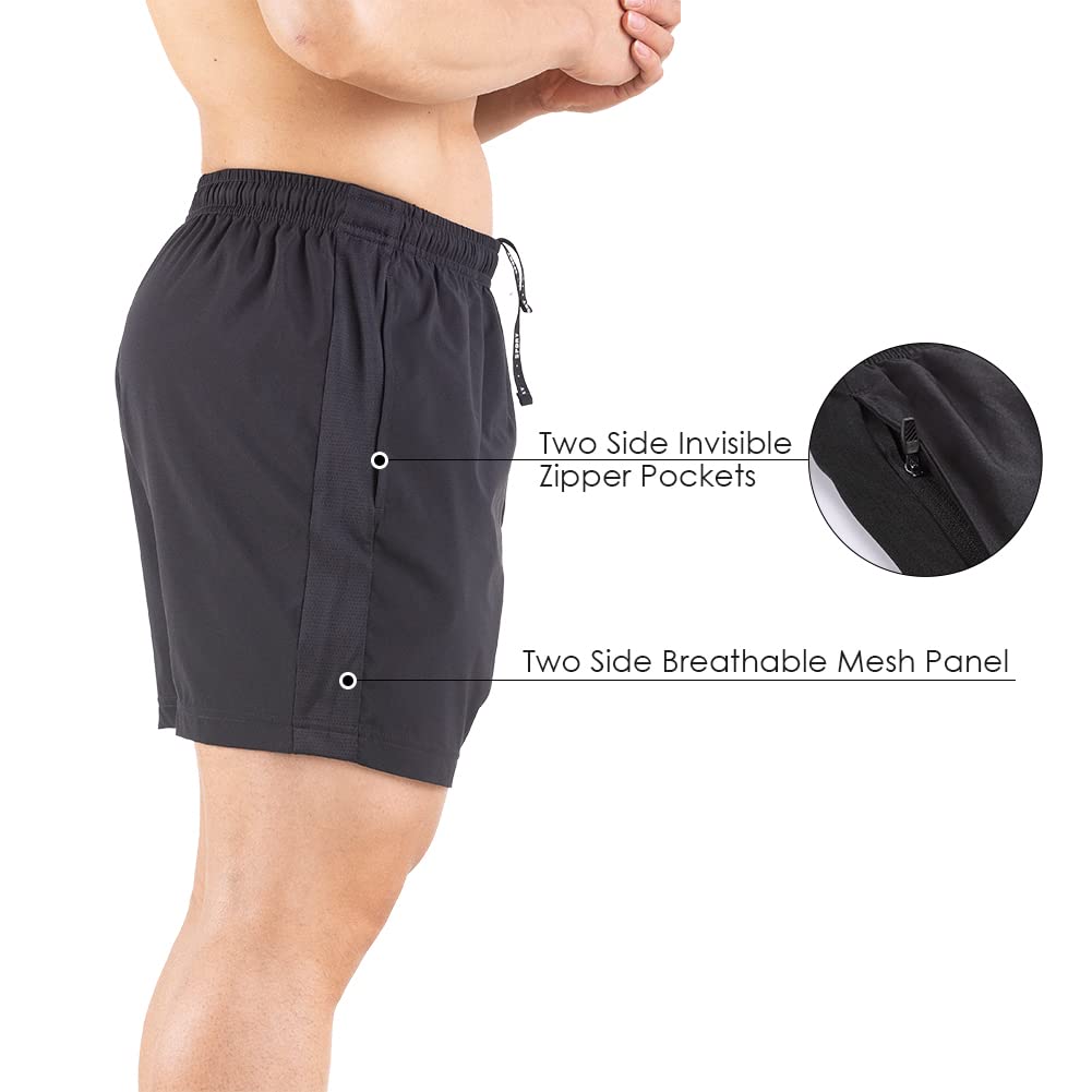 Gaglg Men's 5" Running Shorts 2 Pack Quick Dry Athletic Workout Gym Shorts with Zipper Pockets Black/Black,Small