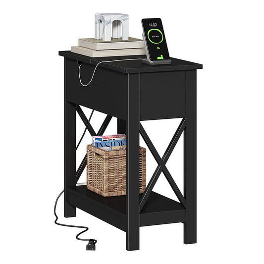ChooChoo End Table with Charging Station, Narrow Flip Top Side Table with USB Ports & Power Outlets for Small Spaces, Bedside Table with Storage for Living Room, Bedroom, Black