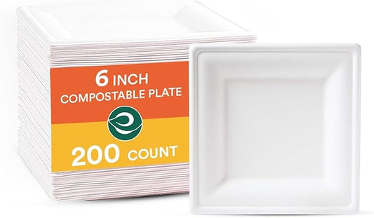 ECO SOUL Compostable Paper Plates 6 Inch (200 Count) Heavy Duty Disposable Dessert Plates, Eco-Friendly Sugarcane Bagasse Small Plates For Appetizer- White