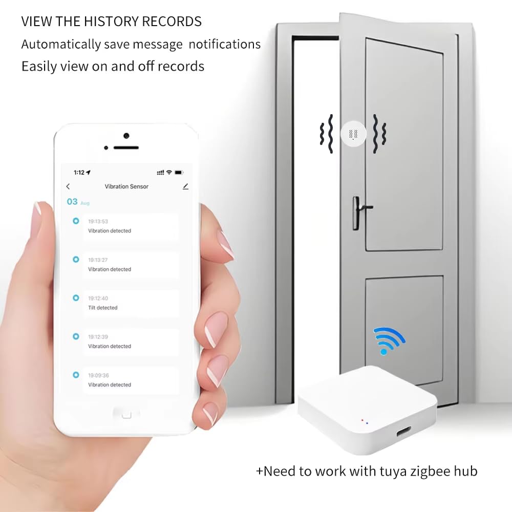 Haozee Zigbee Smart Vibration Sensor,Real Time Monitoring,Door Window Vibration Detection Alarm for Home Security,App Remote Control,Support Home Assistant Zigbee2MQTT