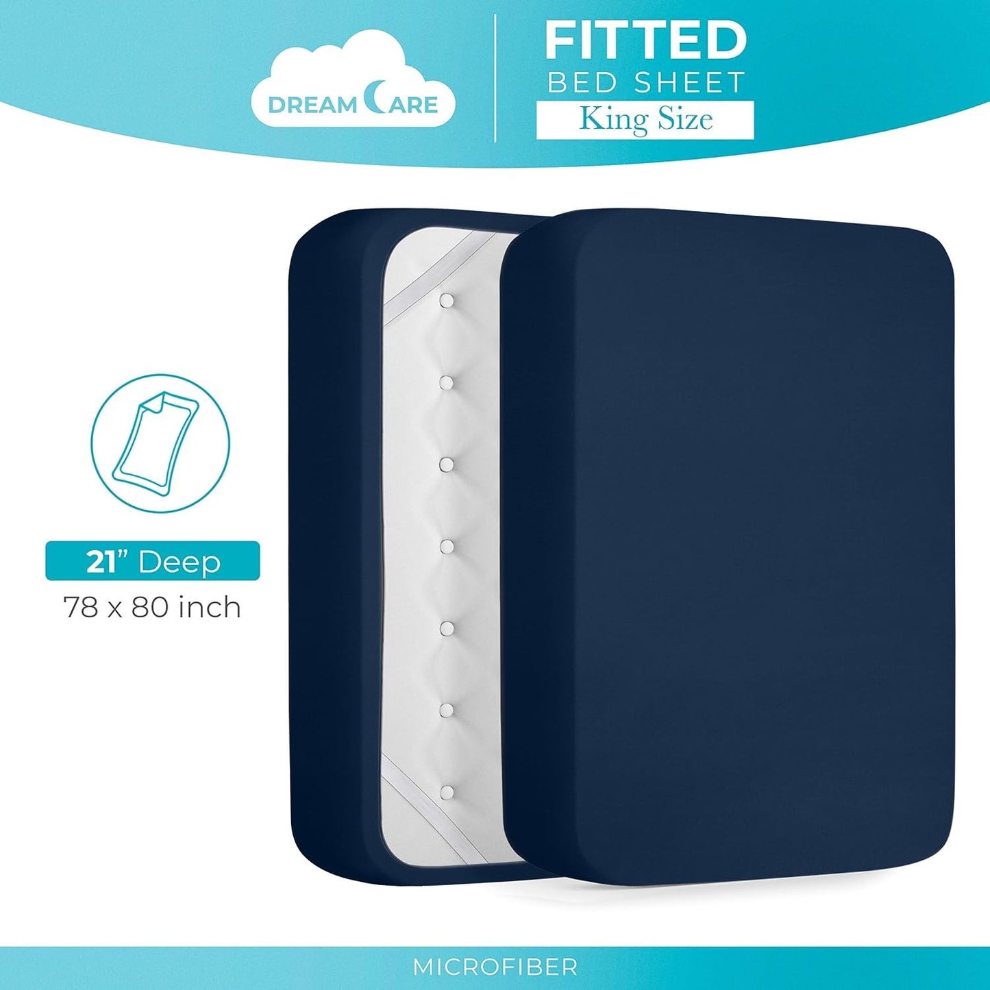 DREAMCARE Queen Fitted Sheet - Extra Deep Pocket Fitted Sheet - Fits up to 21 inch Mattress - Deep Pocket Queen Sheets - Hotel Luxury - Oeko-Tex Certified Sheets - 1 Fitted Sheet Only (Navy Blue