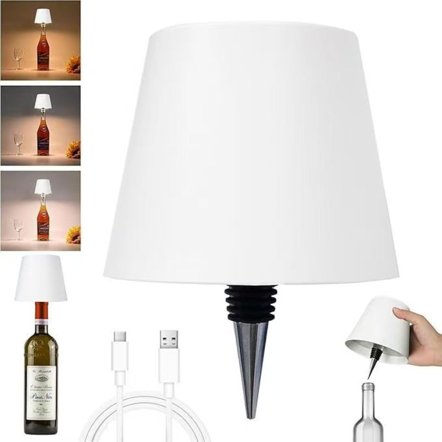 wioilyoy Wireless Bottle Light, New LED Wine Bottle lamp 2024 Rechargeable Bottle lamp, 3 Color Stepless Dimmable Light for Bedroom, Dining Room & Bar（White）