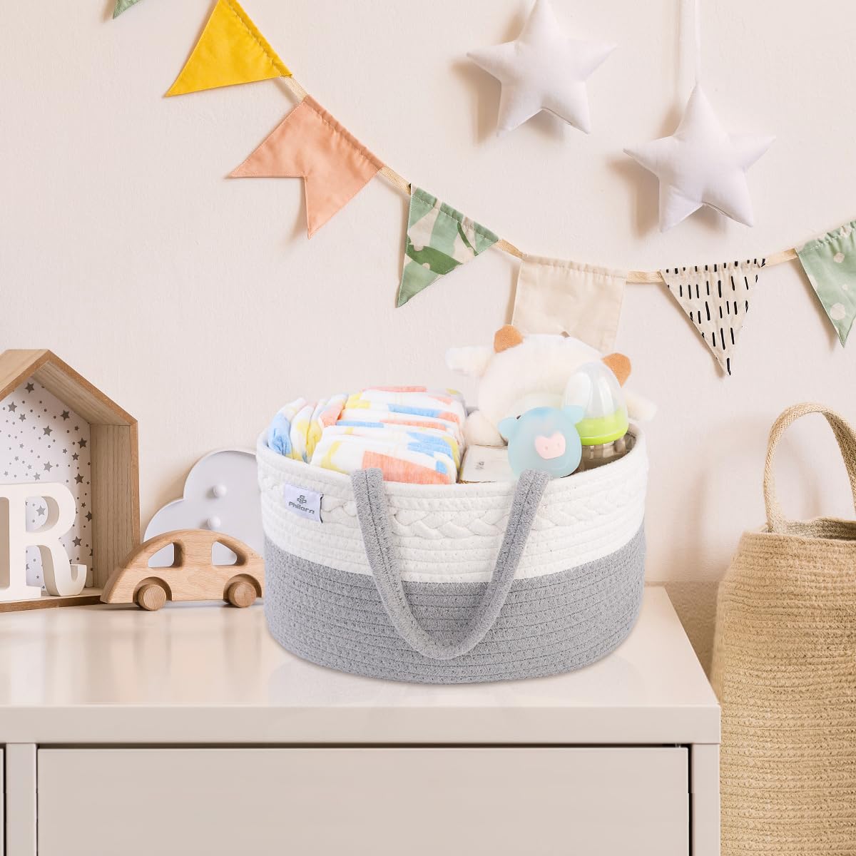 PHILORN Diaper Caddy Organizer, Cotton Rope Diaper Caddy Basket, Woven Diaper Caddy with Dividers, Nursery Storage Basket for Changing Table, Car Diaper Caddy, Baby Shower Gifts