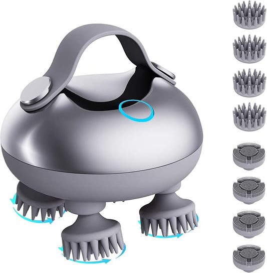 Electric Scalp Massager Hair Growth, IPX7 Waterproof Rechargeable Head Massager Scalp Stress Relax, Portable Handheld Hair Scalp Massager with 8 Removable Massage Claws(Silver)