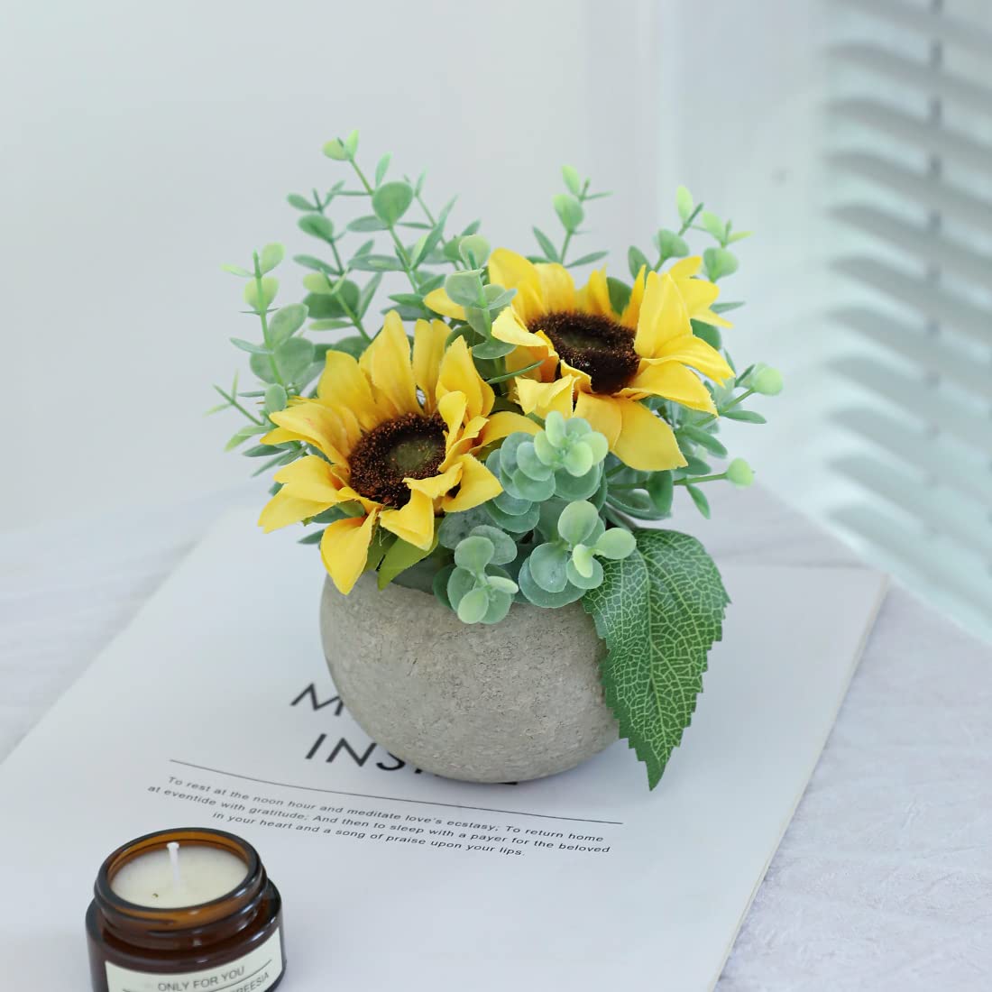 Rosscer Artificial Flowers Kit with Pot, Combination of Fake Silk Sunflowers and Greenery,Small Plant Potted Decor for Offices,Bookshelf,Bedroom, Living Room,Party,Wedding Decorations…