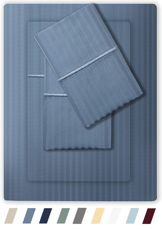 Feather & Stitch 500 TC Split King Size Sheet Set, 5 Piece Bed Sheets Set-2 Twin Fitted Sheet, 1 King Flat Sheet & 2 King Pillowcases, 18" Deep Pockets Sateen Weave Striped Bedsheet - (Blue)