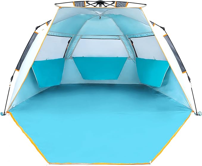 WolfWise 3-4 Person Easy Up Beach Tent UPF 50+ Portable Instant Sun Shelter Canopy Umbrella with Extended Zippered Porch, Blue