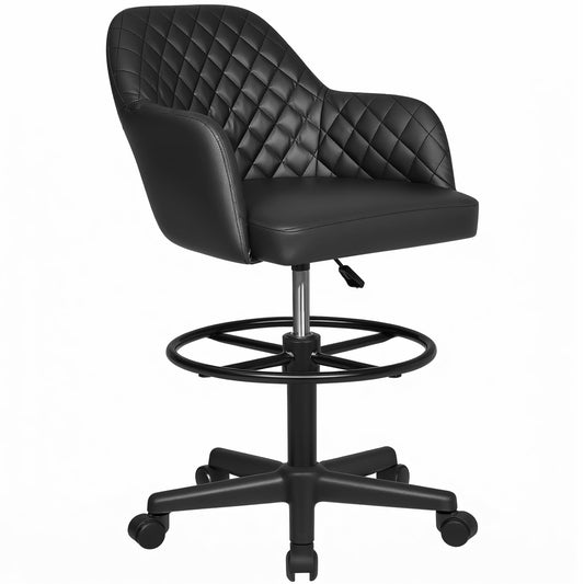 VECELO PU Leather Drafting Chair with Low Back and Footrest Ring, Height Adjustable, Swivel Rolling Wheels, for Drawing/Standing Desk/Office, Black