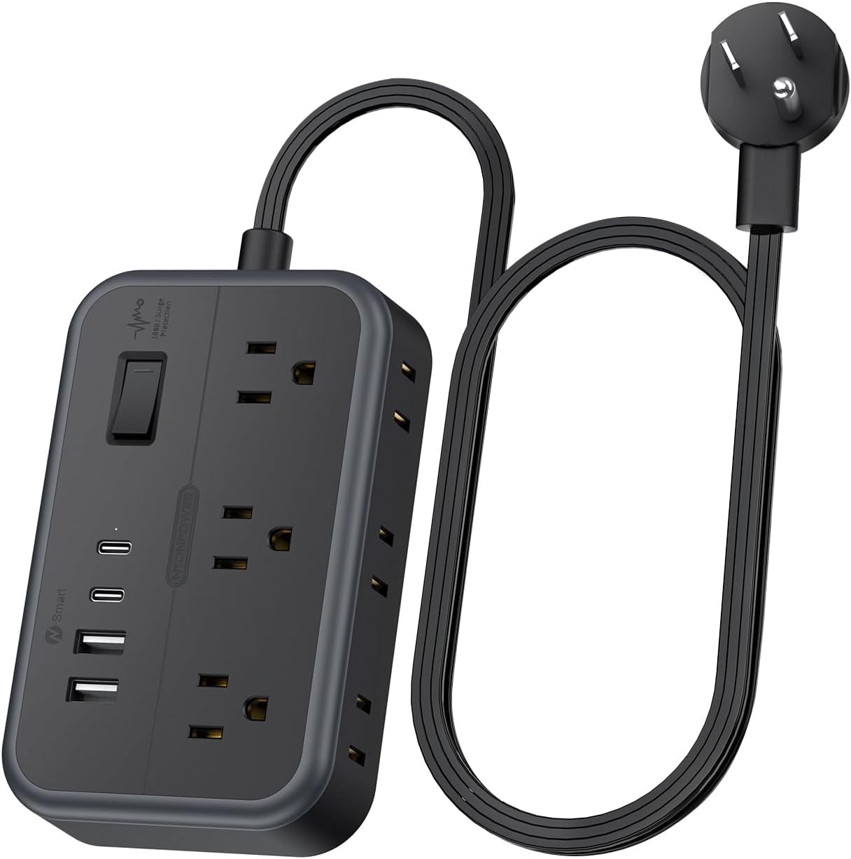 NTONPOWER Surge Protector Power Strip with 6 Outlets 4 USB Charging Station(2 USB C Port), 5 Ft Flat Extension Cord, Outlet Extender for Indoor, Home, Office Supplies, Dorm Room Essentials, Black