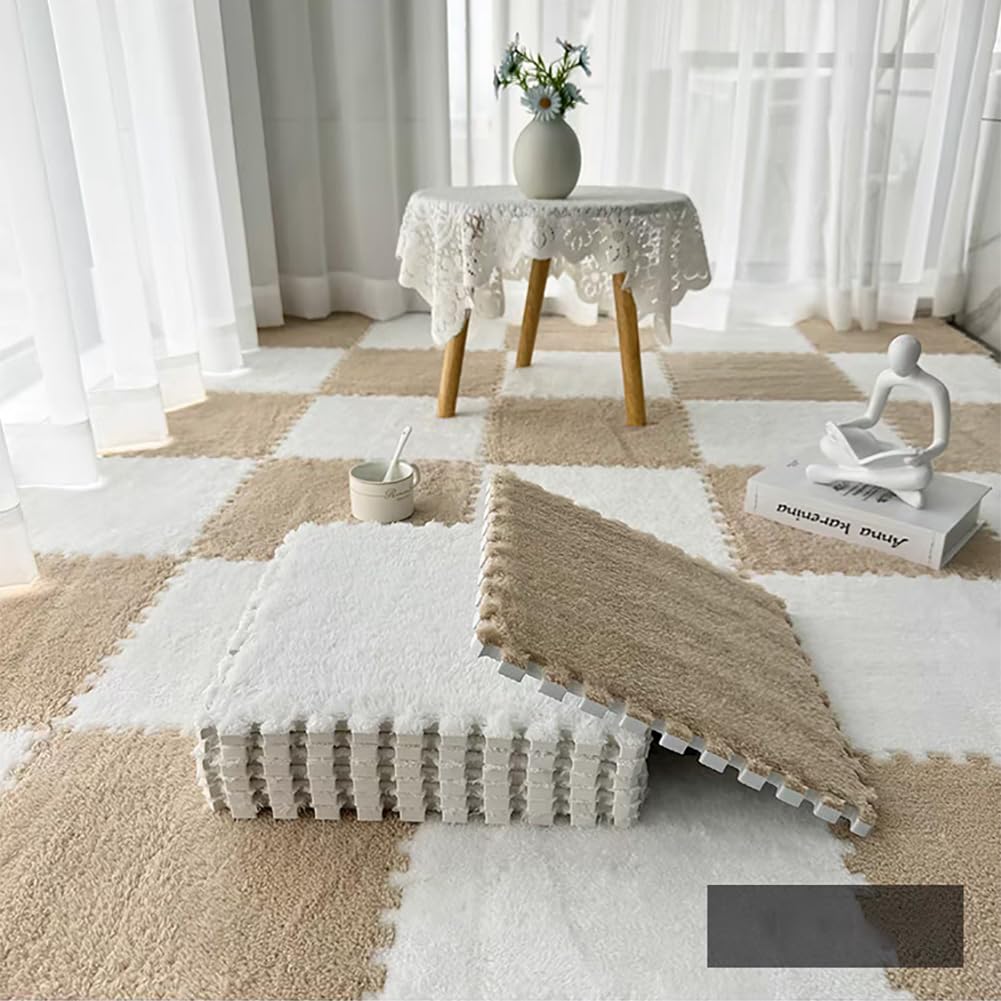 12 Pcs Plush Foam Interlocking Carpet Tiles,Soft Shaggy Fluffy Floor Area Rugs with Padding,Colorful Floor Protective Mats for Home Kids Room Playroom (White and Black, 11.8 x 11.8 x 0.39)