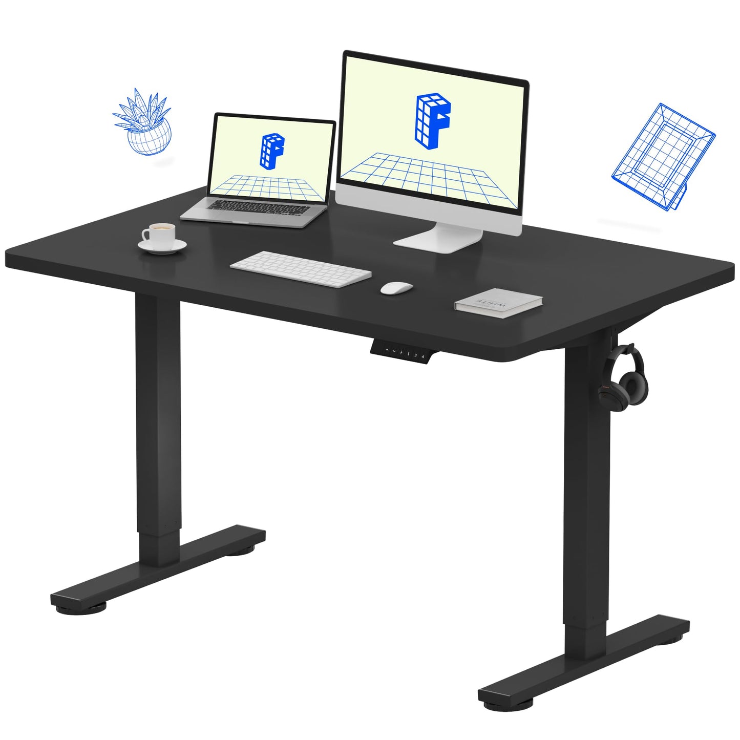 FLEXISPOT EN1 Whole Piece Standing Desk 48 x 30 Inches Height Adjustable Electric Sit Stand Home Office Desks (Black Frame + Black top,2 Packages)