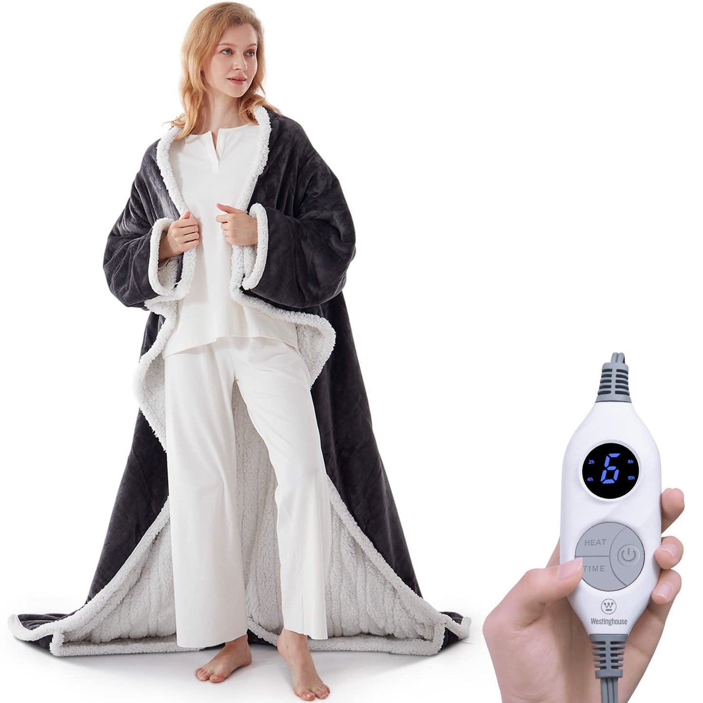 Westinghouse Electric Snuggle Throw Blankets with Foot Pocket, Wearable Heated Blanket with Sleeves, 6 Heating Levels & 2 to 10 Hours Heating Time Settings, 50 * 70"+18", Grey