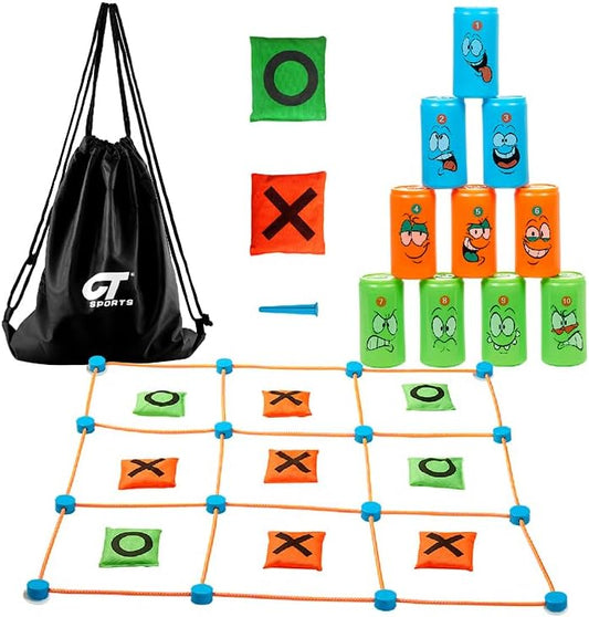 2-in-1 Giant Tic Tac Toe and Can Toss Game - Outdoor Games for Kids & Family, Backyard and Indoor Party Game Set with Bean Bags & Storage Bag