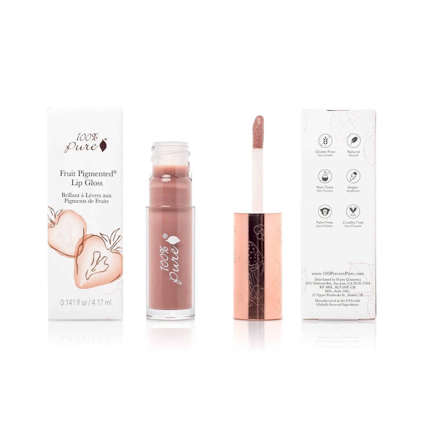 100% PURE Lip Gloss (Fruit Pigmented), Pink Caramel, High Shine, Moisturizing, Natural Lip Gloss, Sheer Finish, Tinted Lip Gloss w/Cocoa Butter, Vitamin E (Nude Rosy Brown Color) - 0.14 Fl Oz