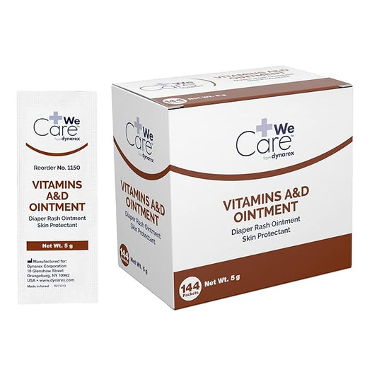 Dynarex Vitamins A & D Ointment, Ointment with Vitamin A and Vitamin D Skin Protectant, for Diaper Rash and Discomfort, White, 1 Box of 144-5g Packets