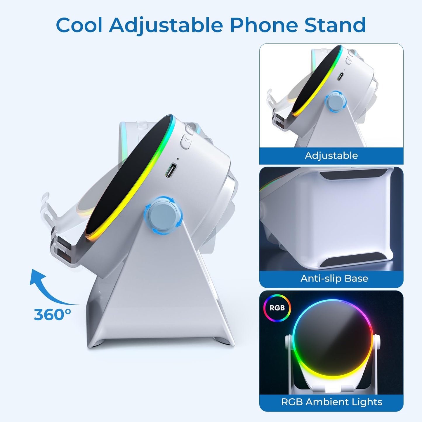 Dohelly Wireless Induction Speaker, Cell Phone Stand with Bluetooth Speaker, Stereo Sound, RGB Ambient Light, Phone Holder Compatible with iPhone/iPad/Android/Samsung Galaxy-White