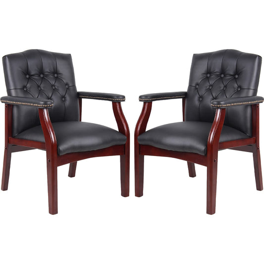 Black Leather Office Chairs Set of 2 -Ergonomic Executive Guest Chairs for Reception, Multi-Scene Use (Waiting Room, Meeting, Conference, Lobby, Conference, Church) High Back No Wheels with Arm Design