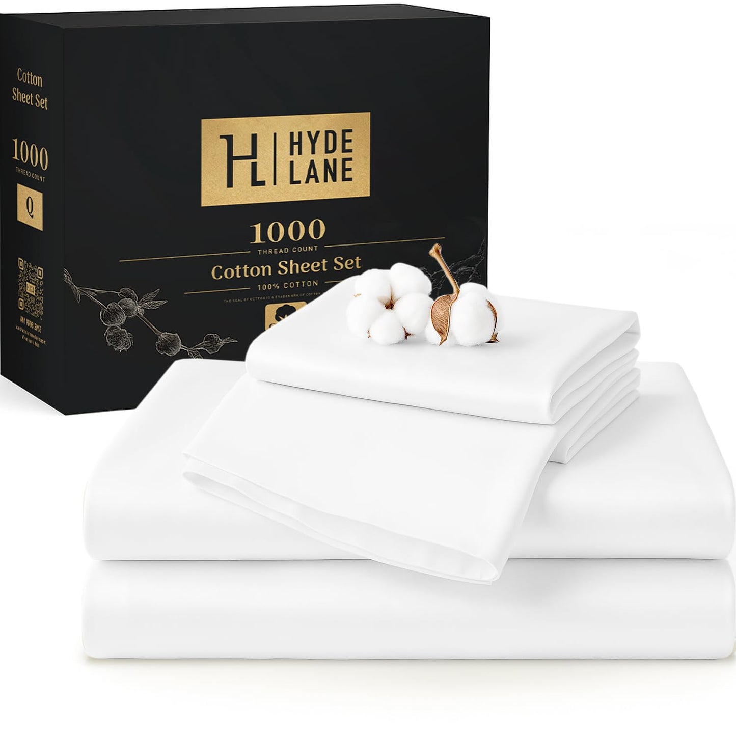 Hyde Lane Luxury 1000 Thread Count 100% Cotton Sheets | Very Soft & Thick - Fits Upto 20" Mattress | Sateen Weave Bed Sheets 18" Deep Pocket- 4 PC Sheet Set (Natural White, Queen)
