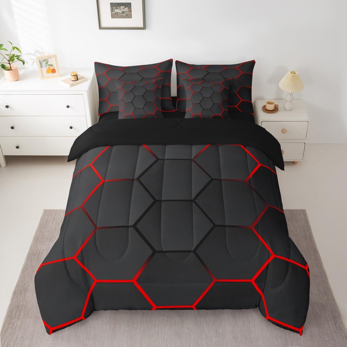 Feelyou Honeycomb Bedding Set Honeycomb Modern Geometry Hexagon Theme Comforter Set with Sheets 7 Piece Full Size for Kids Boys Geometrical Bed in a Bag Ultra Soft Beehive Black Red Decor Bed Set