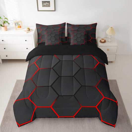 Feelyou Honeycomb Bedding Set Honeycomb Modern Geometry Hexagon Theme Comforter Set with Sheets 7 Piece Full Size for Kids Boys Geometrical Bed in a Bag Ultra Soft Beehive Black Red Decor Bed Set