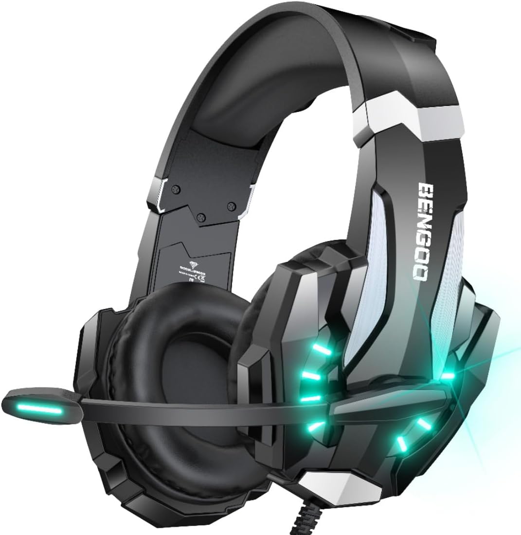 BENGOO G9000 Stereo Gaming Headset for PS4 PC Xbox One PS5 Controller, Noise Cancelling Over Ear Headphones with Mic, LED Light, 7.1 Surround Sound, Soft Memory Earmuffs for Nintendo Xbox Series X|S