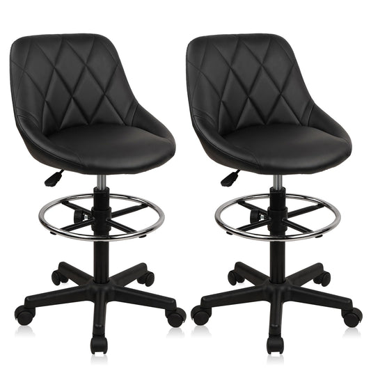 KLASIKA Drafting Chair with Backrest and Wheels, Adjustable Footrest Height Rolling Stool, PU Leather Tall Swivel Chairs Work Shop Office Desk Stools for Kitchen Home Bar, Black, 2 Pack