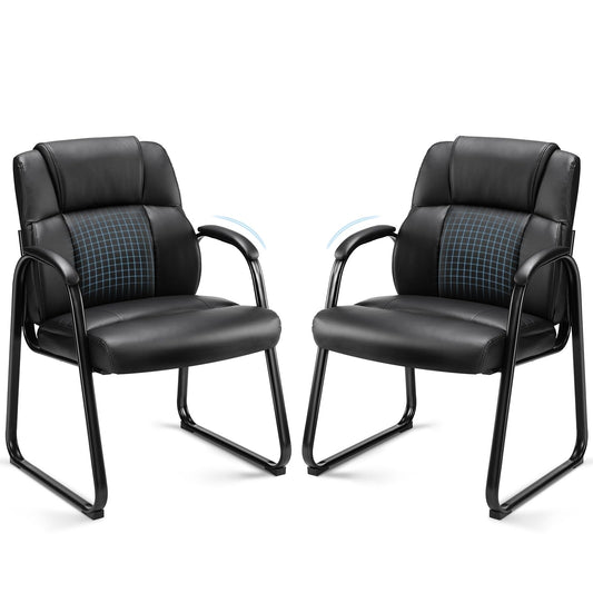 Sweetcrispy Waiting Room Guest Chair Set of 2, Leather Stationary Office Reception Chairs No Wheel, Comfy Padded Arms and Seld Base, for Conference Room Lobby Home Computer Desk Bedroom Elderly, Black