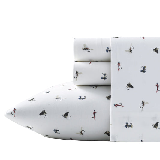 Eddie Bauer Home Sheets Cotton Percale Bedding Set, Crisp & Cool, Stylish Home Decor, 3 pcs, Twin, Fishing Flies White/Multi