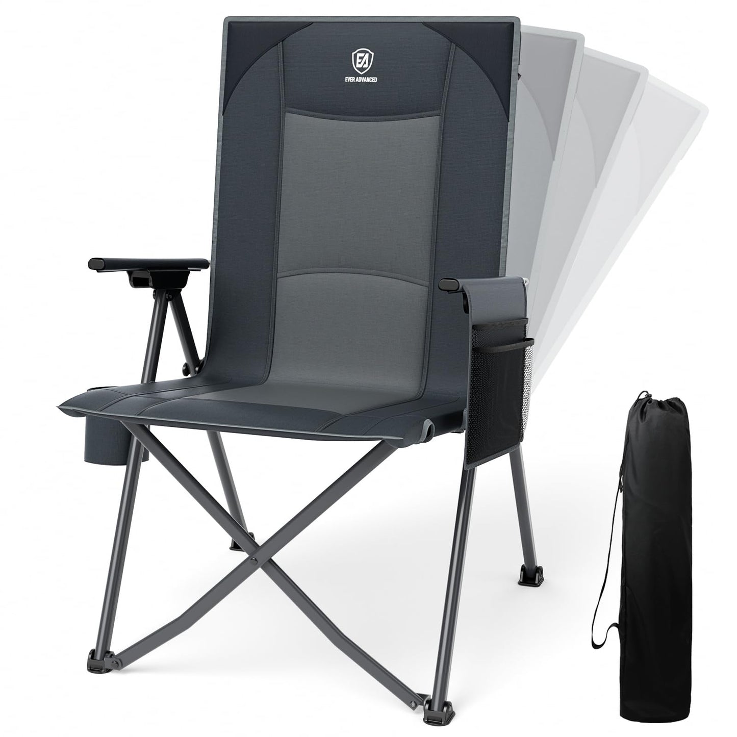 EVER ADVANCED Reclining Camping Chairs for Adult Lightweight, Portable Compact Folding Chair with Adjustable Back,4-Level Recliner Chairs, Lawn Chair for Patio Balcony, Supports 350lbs, Grey