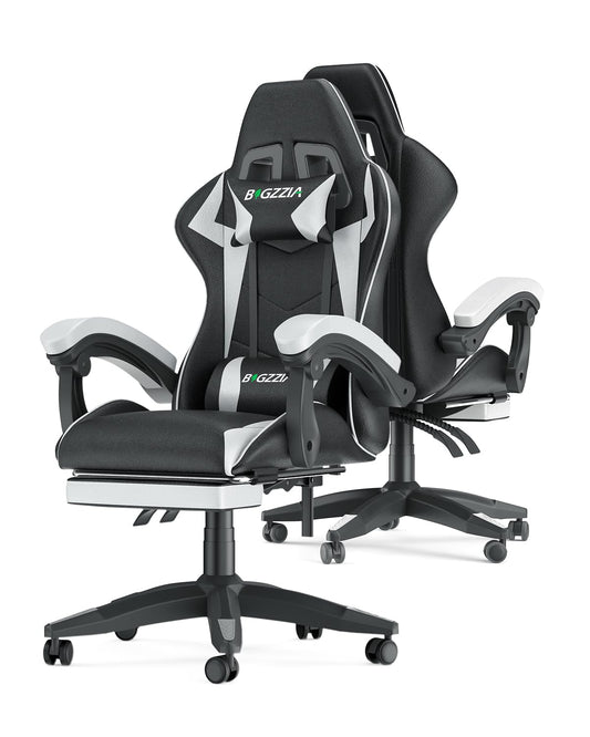 Bigzzia Gaming Chair with Footrest, Ergonomic Computer Game Chairs, Headrest and Lumbar Support, Adjustable Height, Reclining, Racing Style, and 360°Swivel Seat, Black/White