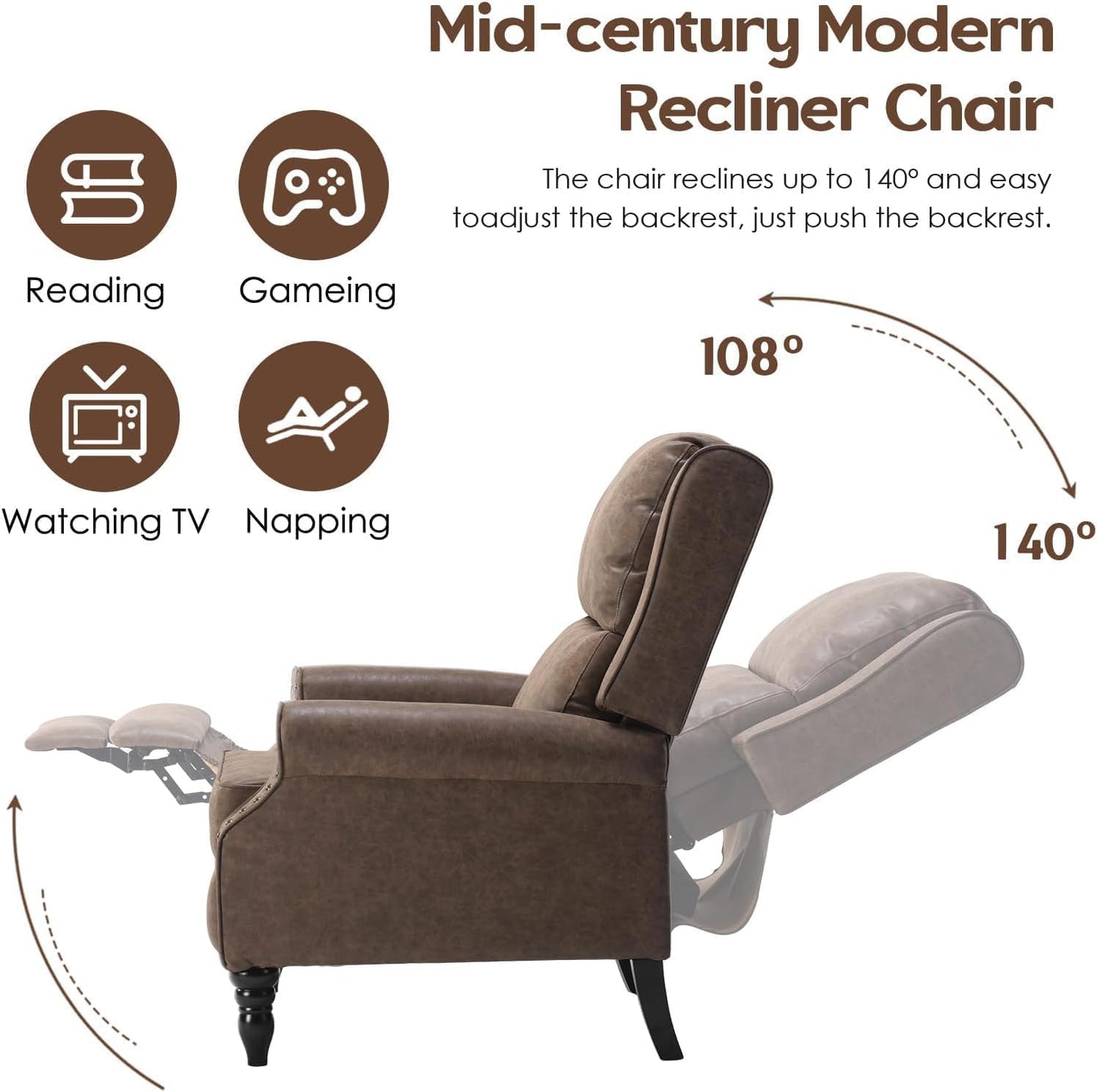 FONTOI Faux Leather Recliner Chair, Pushback Recliner Chair with Adjustable Backrest Footrest, Mid Modern Reclining Chair with Overstuffed Arms Lumbar Support for Reading, Living Room, Coffee