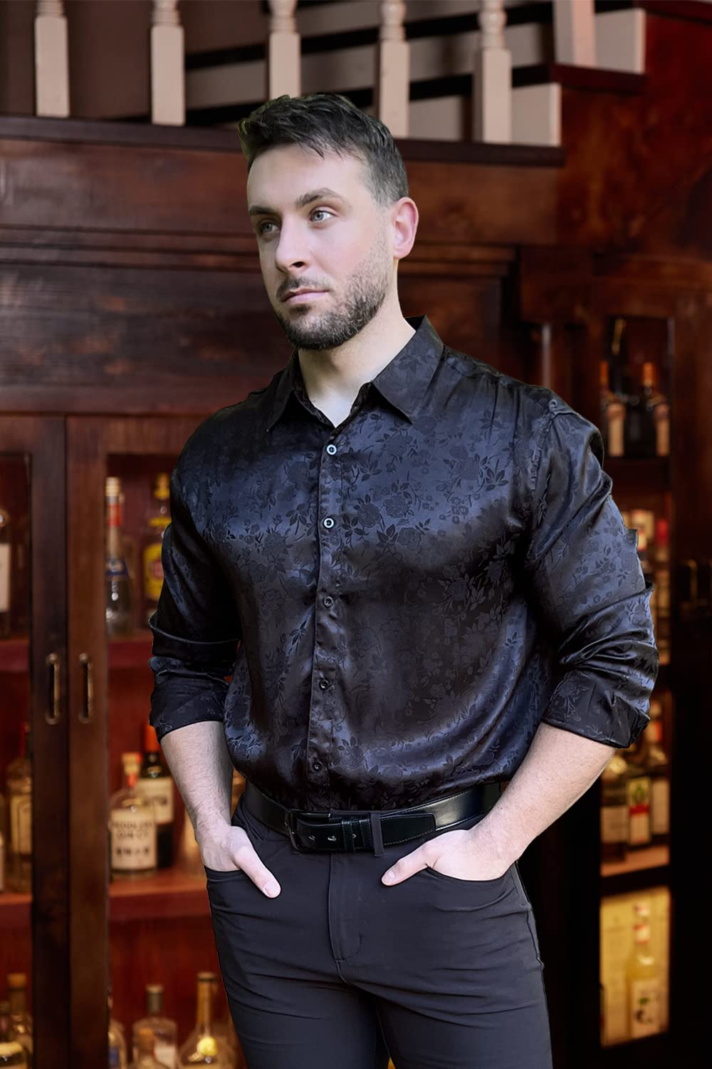 COOFANDY Mens Floral Rose Printed Long Sleeve Dress Shirts Prom Wedding Party Button Down Shirts,Black XX-Large