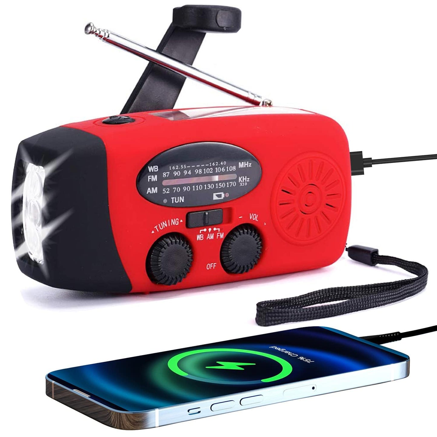 FM/AM/NOAA Weather Radio Hand Crank Self Powered Solar Portable Mini Emergency Survival Radios with 3 LED Super Bright Flashlight 2000mah Battery Operated Power Smart Phone Charger,SOS