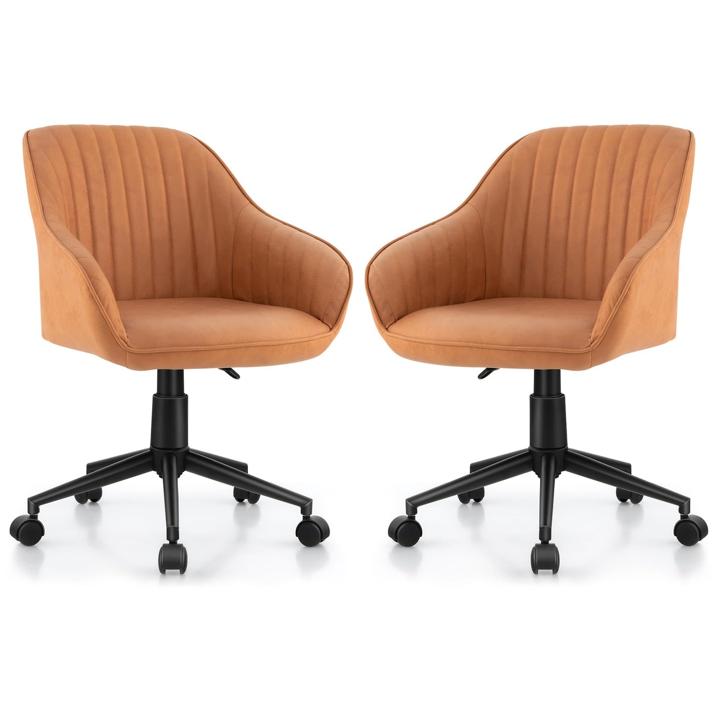 POWERSTONE Modern Home Office Desk Chair Set of 2， Mid Century Computer Chair Adjustable Swivel Bedroom Makeup Chair with Wheels and Arms Brown (2 Pack)