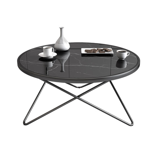 DYZAIMAX Round Coffee Table for Living Room, Bedroom, Balcony - 31.5" x 15.8" Space-Saving Black Marble-Textured Top, Sturdy Metal Frame with Black & Gold Finish | Premium Baked Paint, Easy Assembly