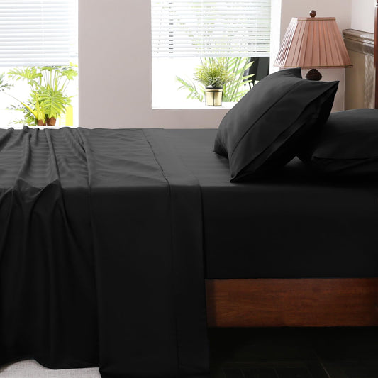 Overket Extra Deep Pocket Queen Sheets 18-24 Inch 1000 Thread Count 100% Egyptian Cotton Sateen Weave Soft Breathable 4 Pieces（Queen,Black）