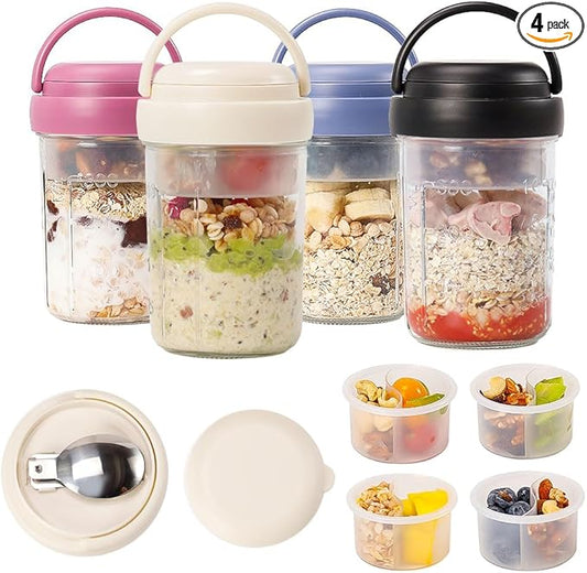 4 Pack Overnight Oats Containers with Lids and Handles, Folding Spoons & Divided Compartments for Fruit & Nuts, 16oz Glass Mason Jars for Oatmeal, Meal Prep & Breakfast (Black/Deep-Blue/Cream/Purple)