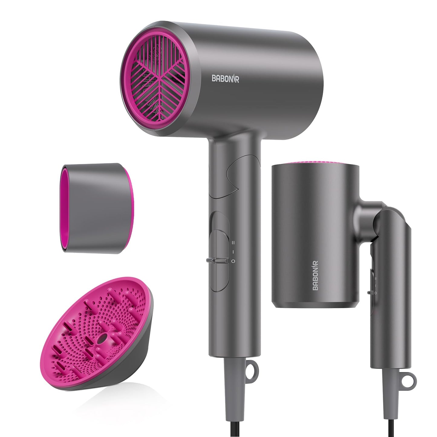 BABONIR Diffuser Hair Dryer, 1875W Fast-Drying, Foldable, Ionic Turbo Blow Dryer with Diffuser & Concentrator Nozzle, Compact, 3 Heat & 2 Speed Settings, 8FT Cord for Home Salon, Gray