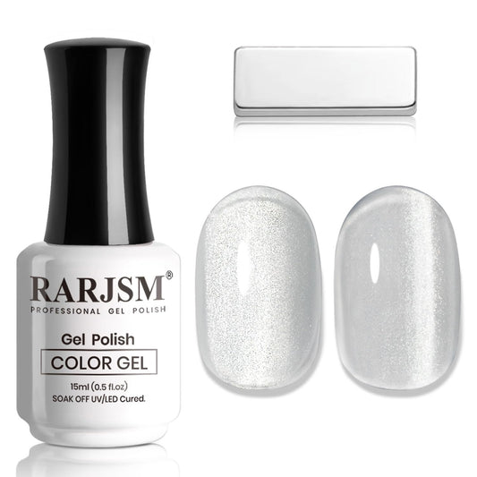 RARJSM Silver Cat Eye Gel Nail Polish Ceramic Translucent Clear White Velvet Glitter Diamond Cateye Gel Polish 15ml Single Bottle with Magnet Stick UV LED Curing Requires Soak Off for Home Salon