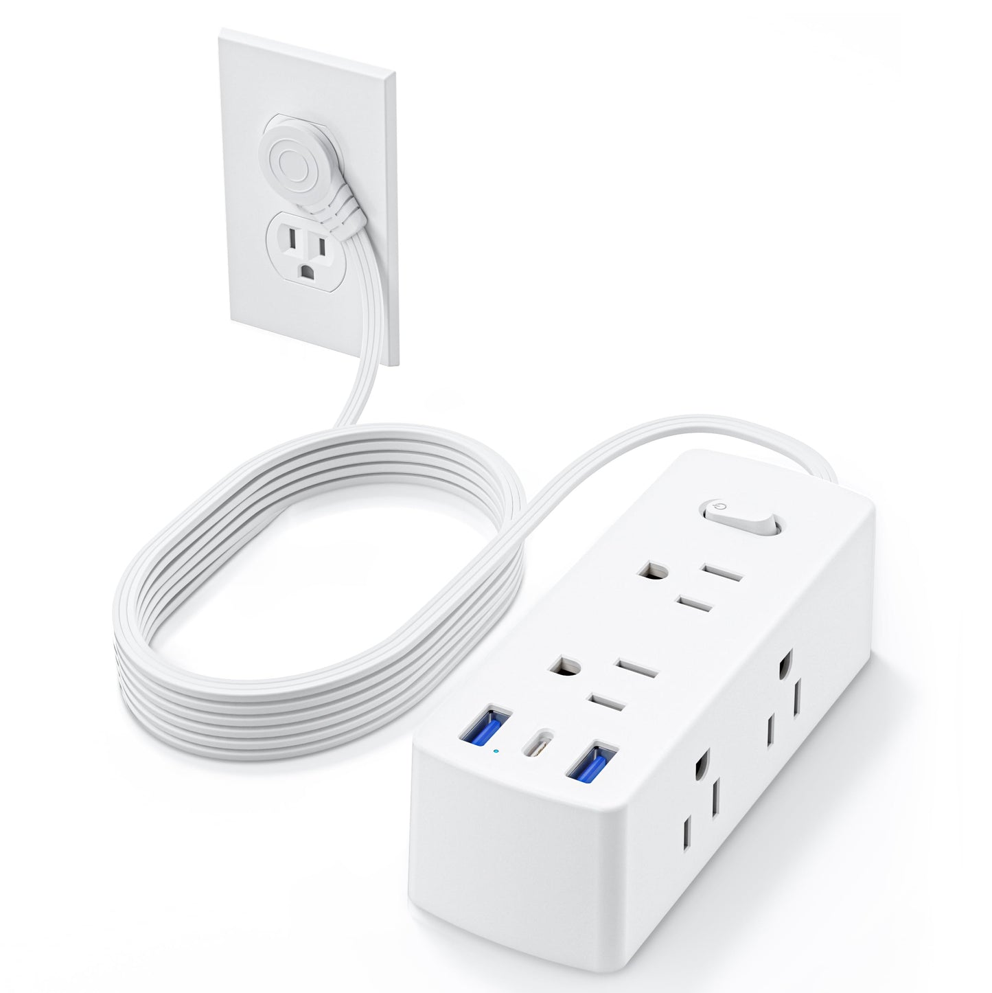 Flat Extension Cord with Outlet Cover, Olcorife Flat Plug Power Strip with 6 Outlets and 3 USB Ports, 2000 Joules Surge Protector, 5 FT Cord Hidden Outlet Extender for Tight Spaces