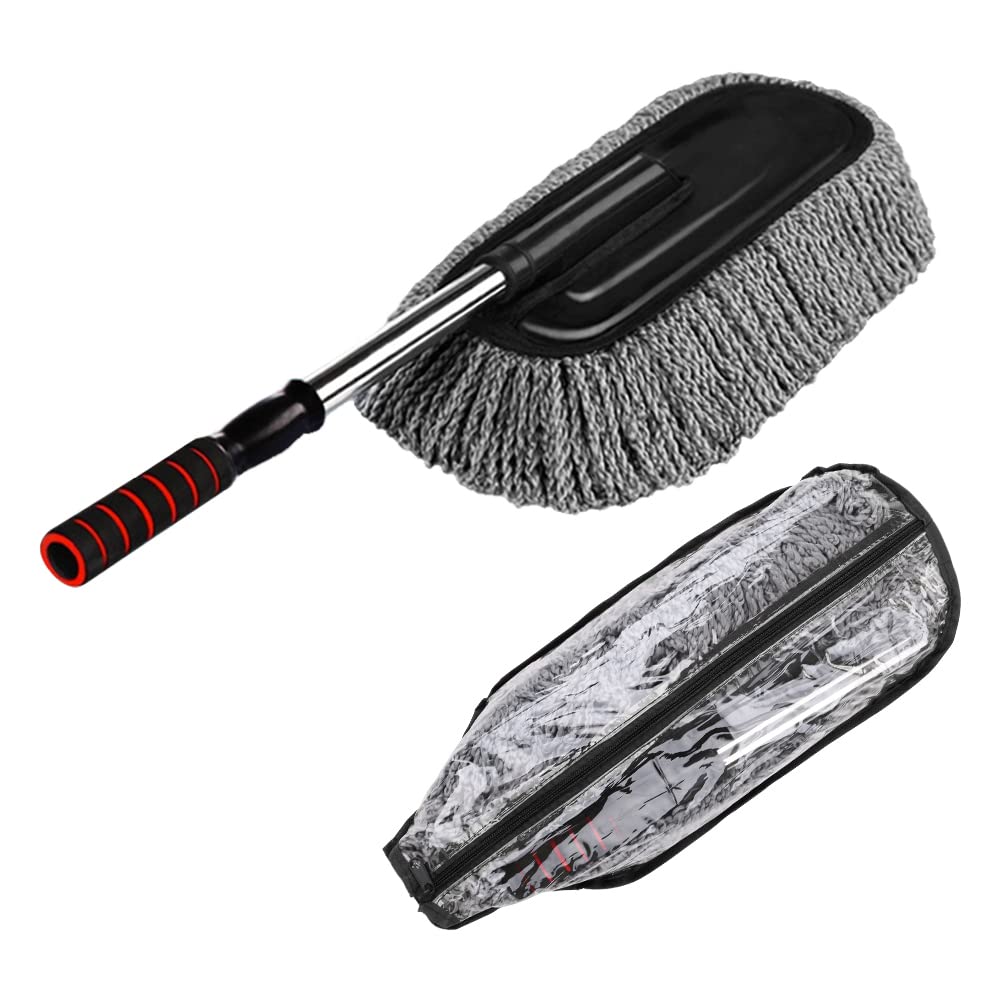 Microfiber Car Duster Exterior Interior Cleaner Cleaning Kit size 15.7 inch with Long Retractable Handle to Trap Dust and Pollen for Car Bike RV Boats or Home use - Grey